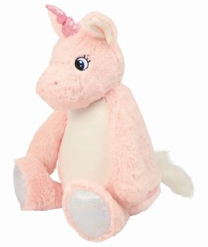 Kuscheltier Einhorn mit Namen und Herzen bedruckt