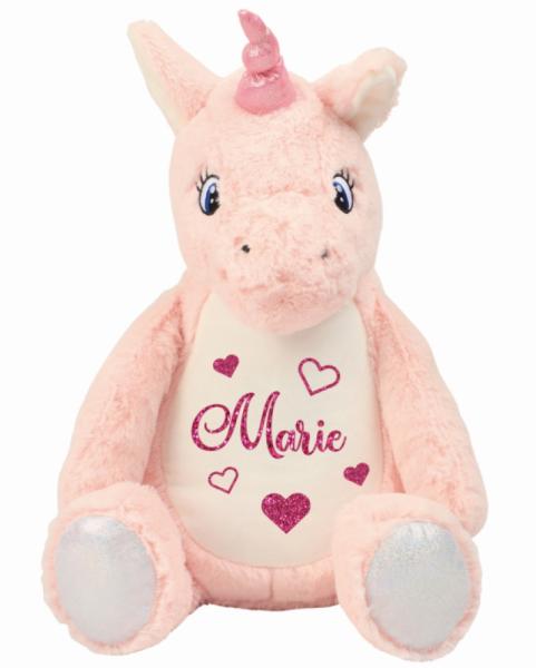 Kuscheltier Einhorn mit Namen und Herzen bedruckt