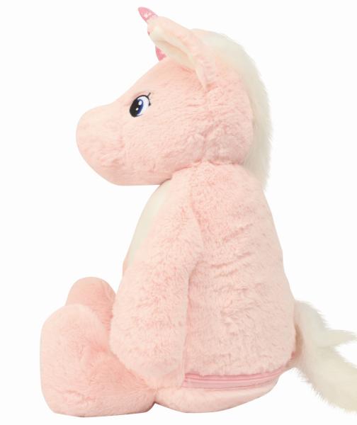 Kuscheltier Einhorn mit Namen und Herzen bedruckt