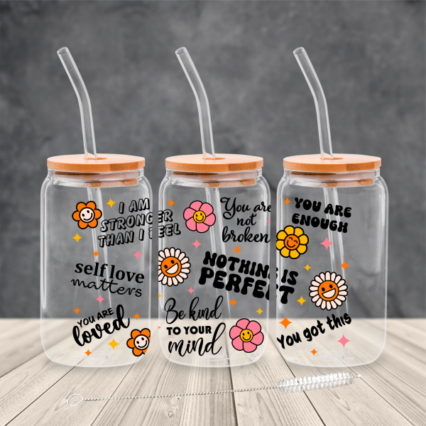 Trinkglas mit Bambusdeckel Motiv Selflove