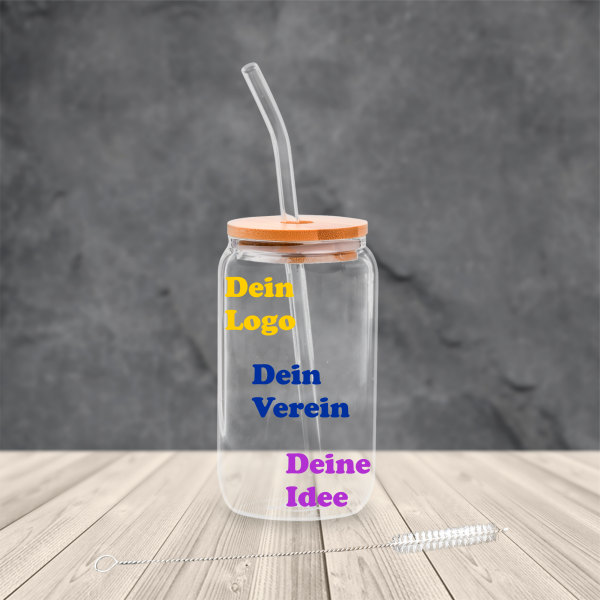 Trinkglas mit Bambusdeckel mit Wunschdruck